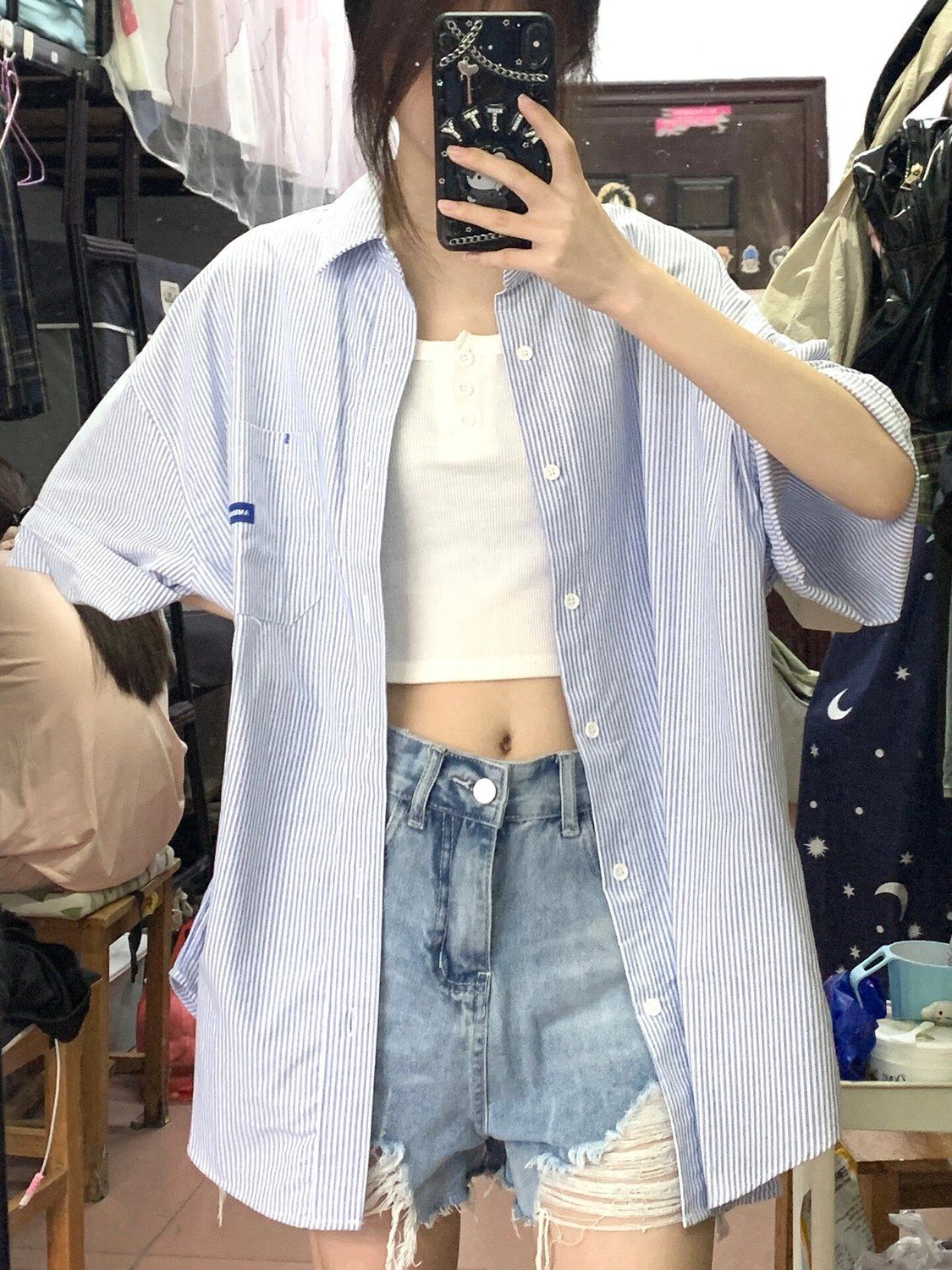 法式復古短袖條紋襯衫女夏季設計感小眾寬鬆百搭Polo領超好看上衣