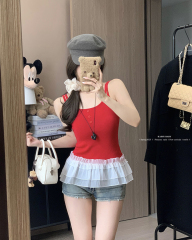 Real shot~ Korean sweet and spicy design lace spliced ​​and unique sleeveless top for women wearing suspender vest