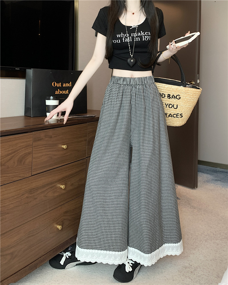 Real shot of loose lace wide-leg pants for women casual plaid pants
