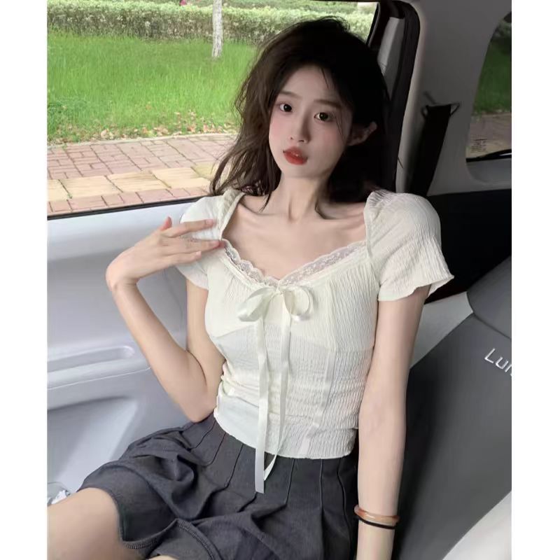 原版面料法式蕾絲魚骨v領短袖上衣女夏修身顯瘦鎖骨短款t恤