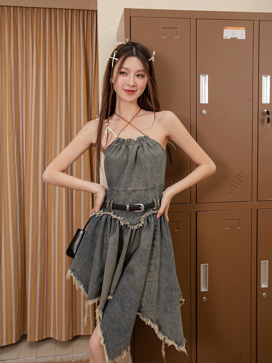 Denim Strap Breast Skirt 2025 Summer New Design Niche Mid-length High-waisted Sling Neck Dress