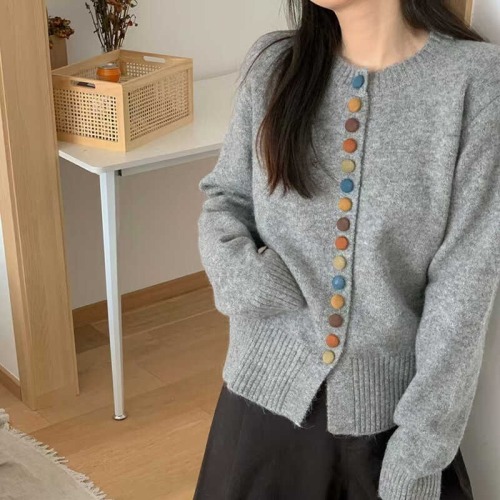 Korean simple color button knitted cardigan for women 2024 autumn and winter new loose short high-end sweater top