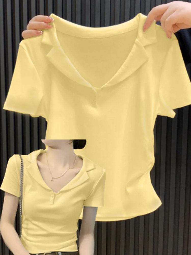 92 cotton 8 spandex flower gray polo lapel front shoulder short-sleeved T-shirt for women in summer Korean style waist slim fit and slim