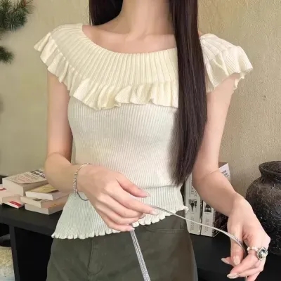 設計感小眾獨特别致絕美荷葉邊一字肩上衣女夏修身純欲短袖針織衫