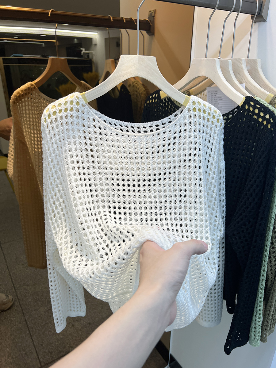 European long-sleeved hollow knitted mesh shirt for women's summer thin mesh sunscreen blouse new top mesh outer wear