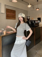 Real shot, slim and short round neck short sleeve T-shirt base shirt, high waist lace splicing skirt suit