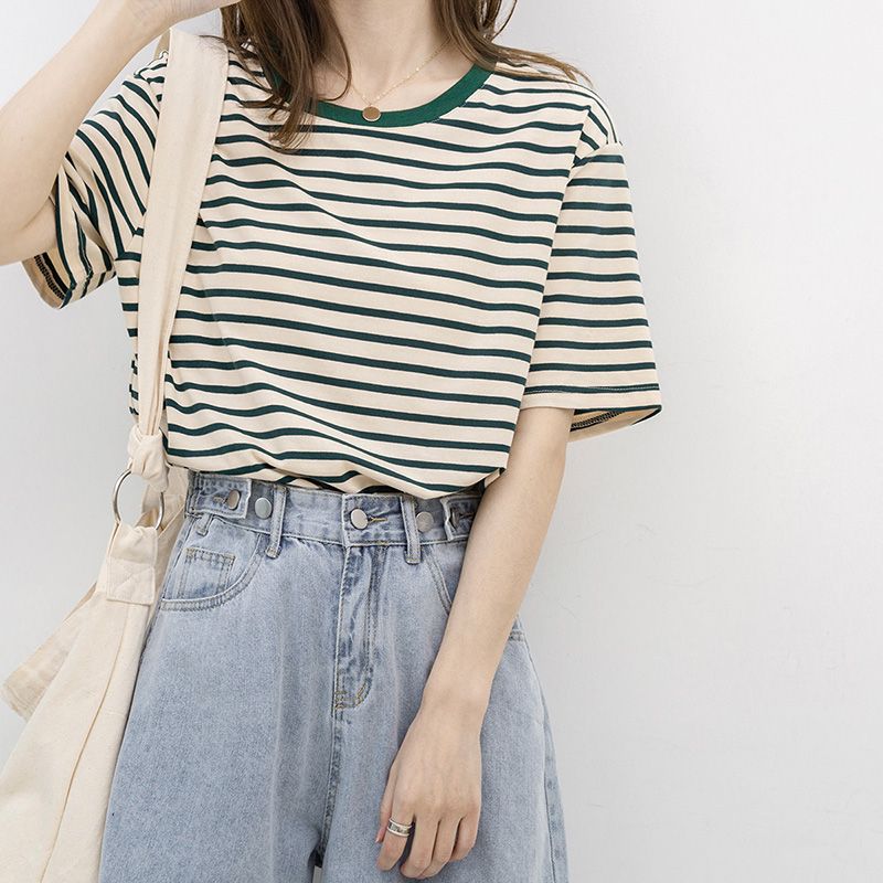Pure cotton short-sleeved T-shirt for women 2025 new summer striped loose retro top