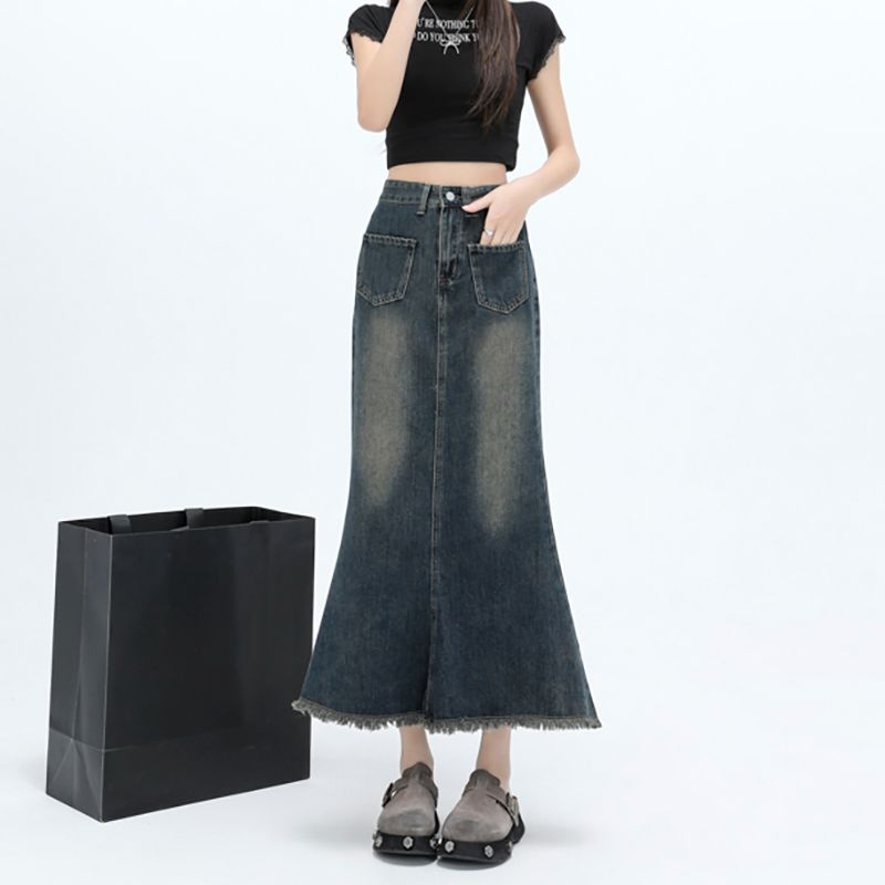 All-match Korean style personalized denim skirt for women in spring and autumn new high-waisted and slim and high-length A-line mid-length denim skirt