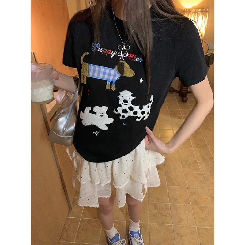 Official pictures 21 200g high-precision cute puppy towel embroidered short-sleeved age-reducing T-shirt for women