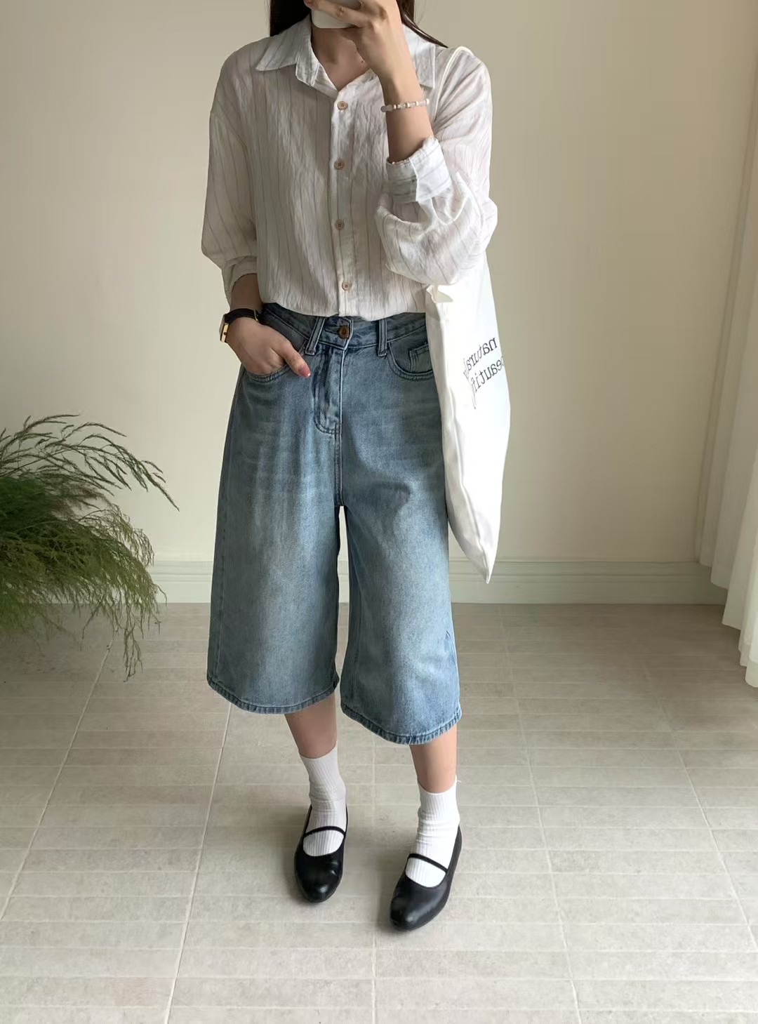 實拍～休閒復古寬鬆闊腿牛仔八分褲中褲牛仔褲女