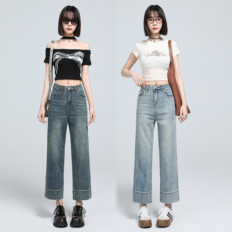 Nine-point stretch straight-leg pants design and feel the baguette dark blue denim fashion leather brand high waist slim and versatile