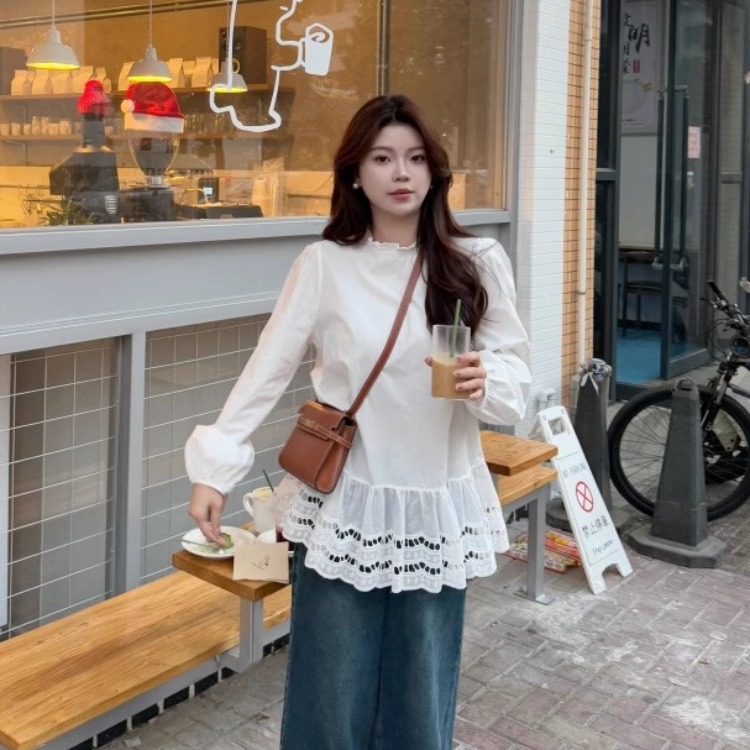 All-cotton atmosphere, wood ears, lace spliced ​​long-sleeved shirt for women, spring mid-length, age-reducing and loose top