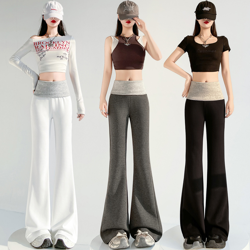 Real shot of air layer splicing micro-flare pants for women 2025 spring and summer high waist slim floor casual horn yoga pants