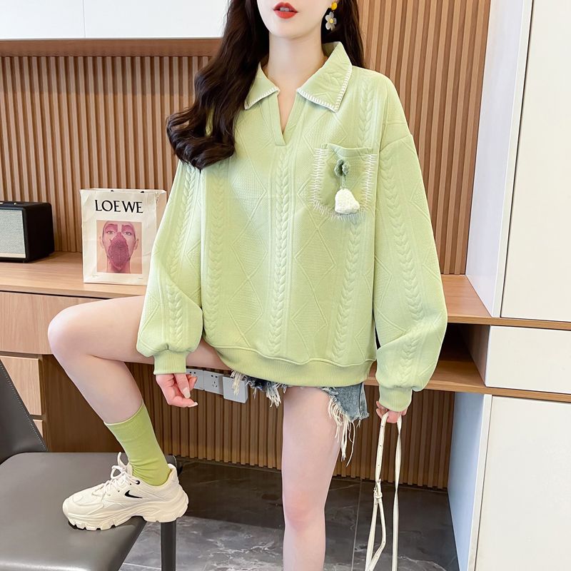 Photographed 260G Interlayer Brocade Spring and Autumn Women's Casual New POLO Design Sensory Small Figure Loose Top