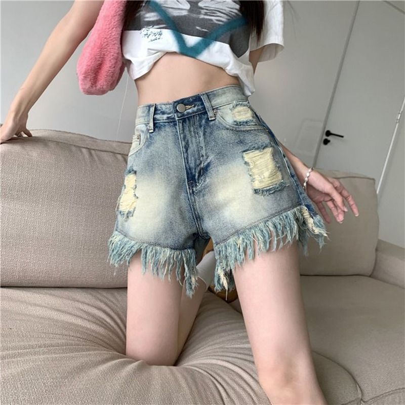 versatile denim shorts for women in spring and summer new high-waisted slimming wide-leg loose A-line denim shorts trendy ins