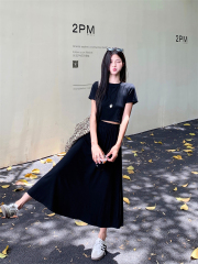 Real photo of black fashion suit for women short-sleeved slim knitted T-shirt with a big A-line skirt two-piece set