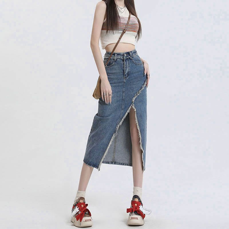 Slit denim skirt for women ins trendy casual irregular high waist skirt mid-length A-line fur hip skirt trendy
