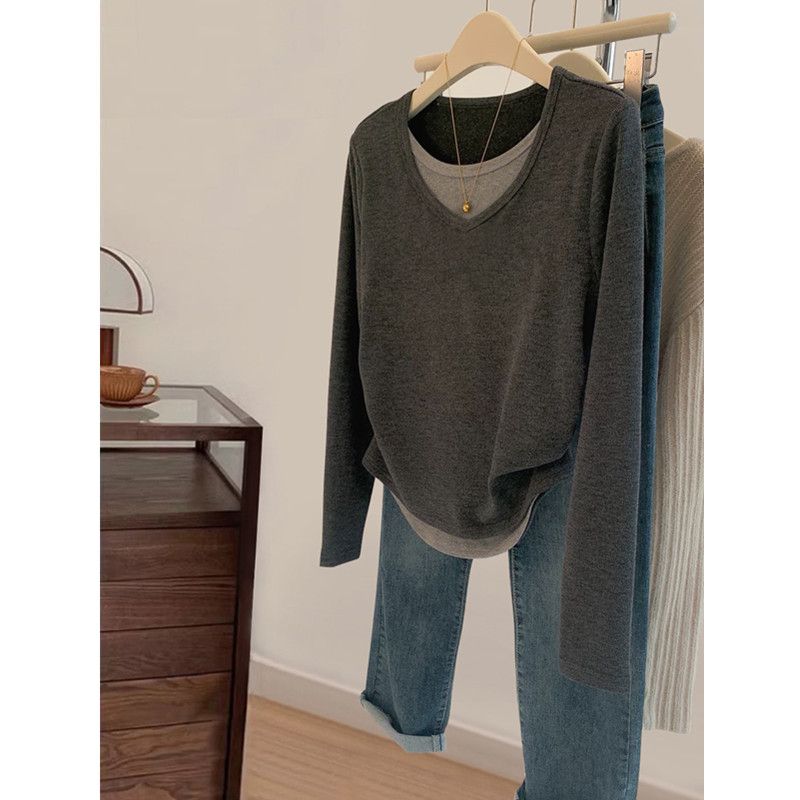 280g cashmere 2025 new large size 200 catties fake two-piece long-sleeved T-shirt for women in spring and autumn