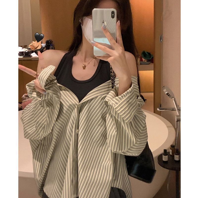 白水女 綠色條紋襯衫女春夏薄款氣質ins潮高級感寬鬆開衫長袖上衣