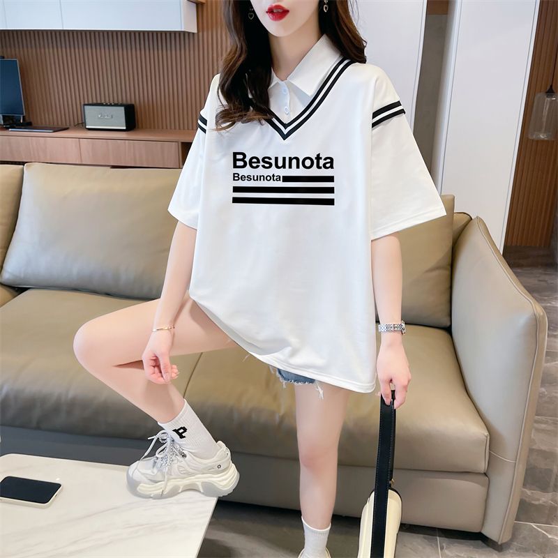 實拍 polo領假兩件T恤大碼女裝新款夏季洋氣減齡寬鬆短袖上衣潮