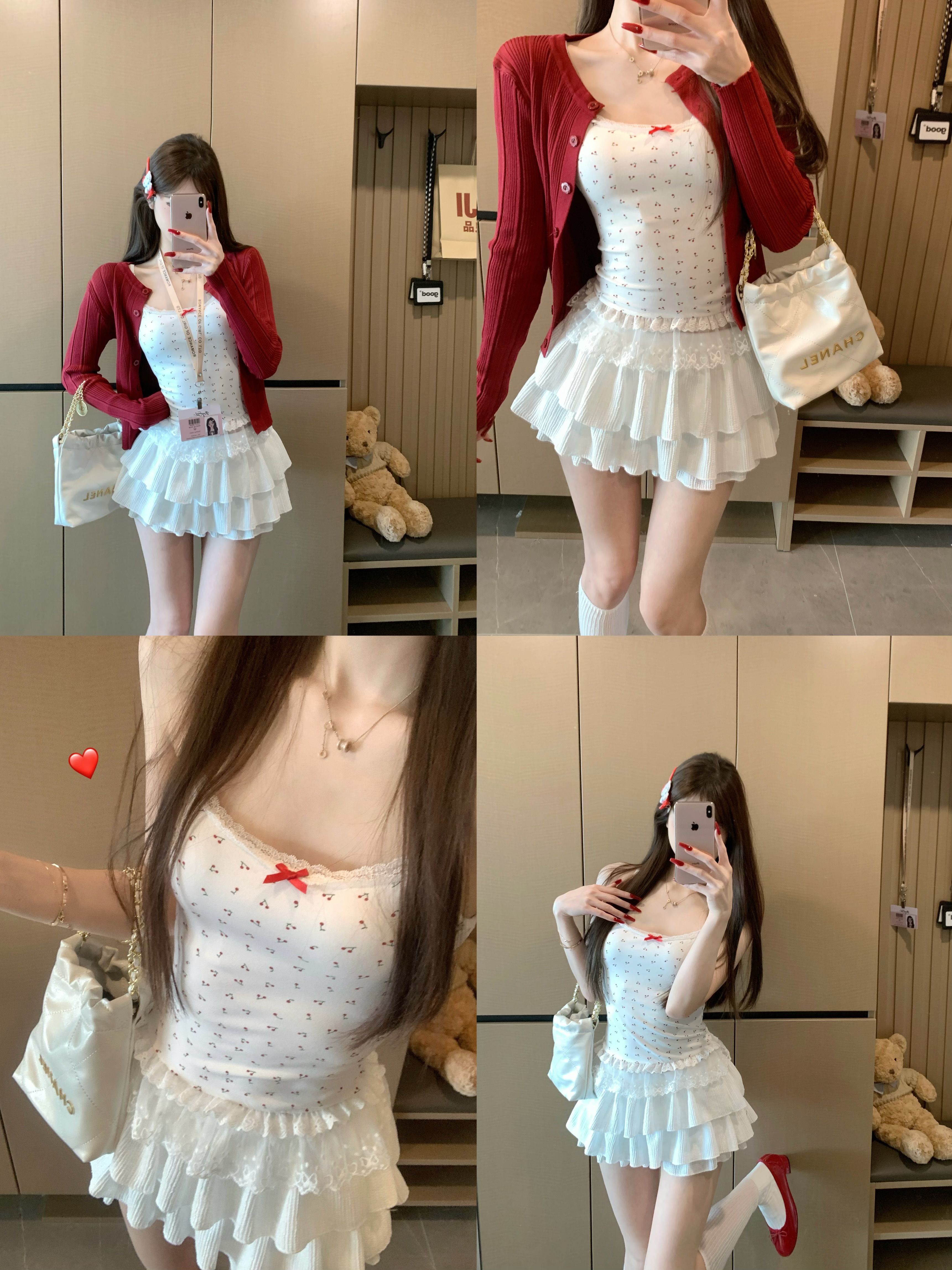 Real photo of white bow lace lace suspender vest cardigan two-piece set for women