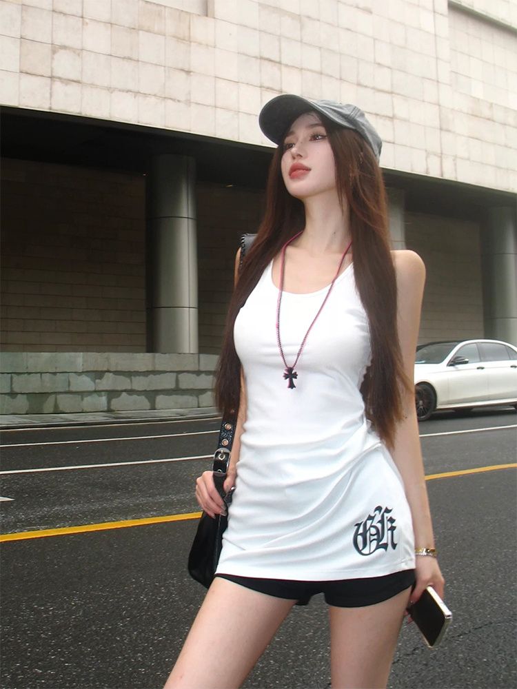原版面料白色印花修身無袖背心男女美式高街內搭打底衫中長款上衣