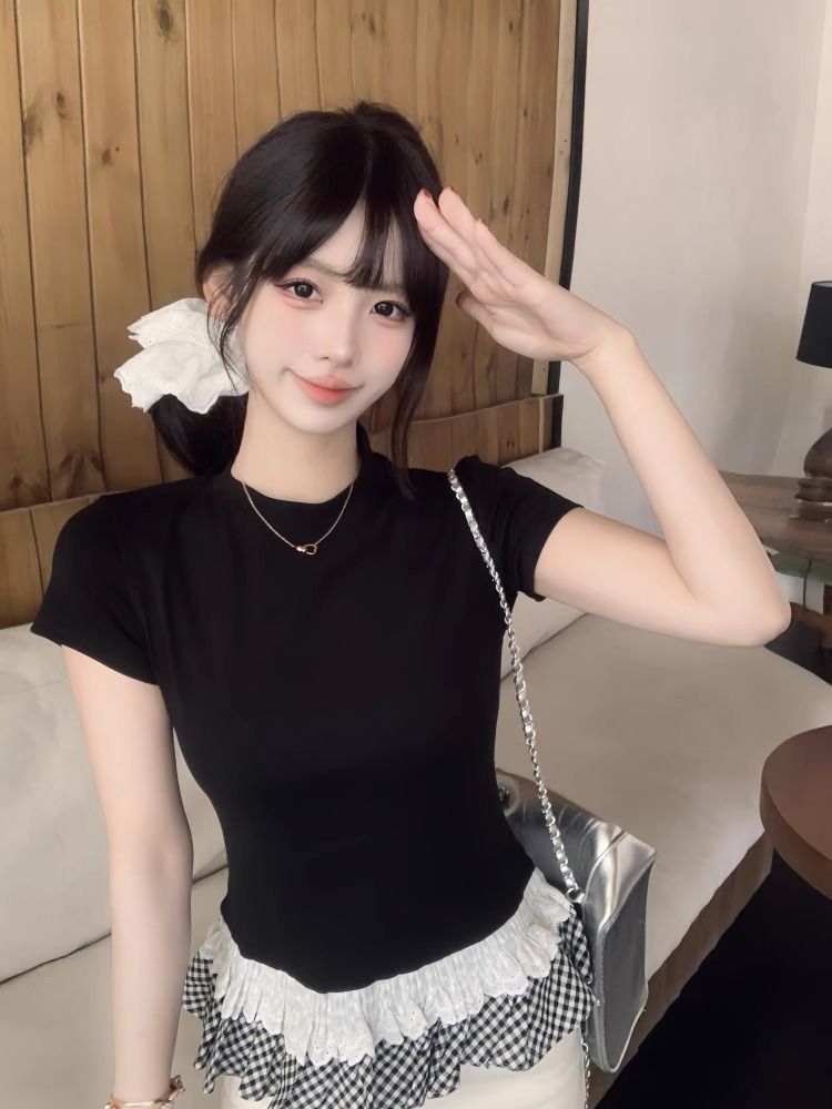 純棉 後包領荷葉邊拼接短袖T恤女春夏設計感氣質打底衫上衣