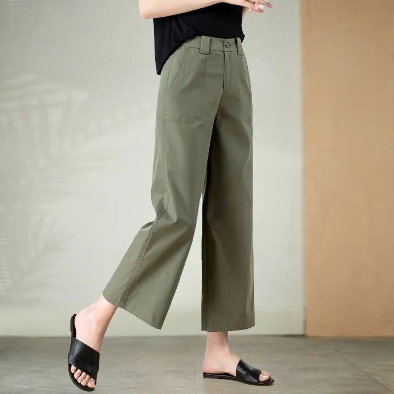 Explosive version of pure cotton nine-point wide-leg pants for women 2025 summer new loose slim casual pants thin high waist khaki