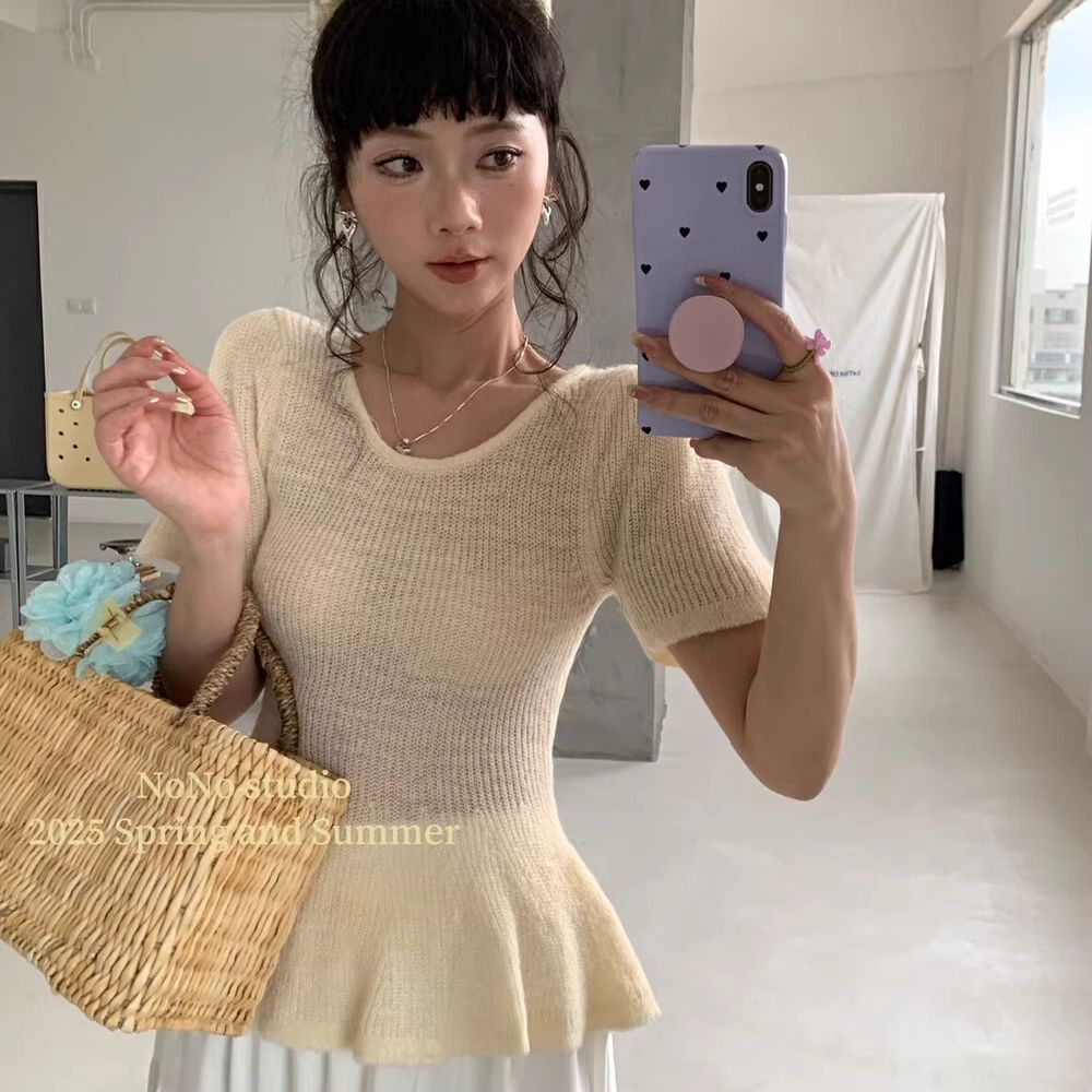 女裝甜美韓系百搭糖果色小裙擺短袖針織衫發圈上衣春夏女短袖上衣