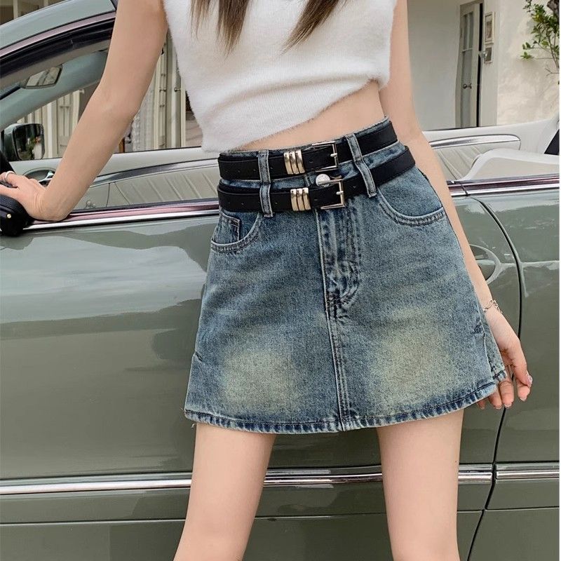 American retro high waist slit denim skirt for women with loose flesh covering and slimming versatile A-line short skirt