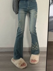 American retro trousers women's design sense niche butterfly embroidery hot girl high waist slim fur horseshoe trousers