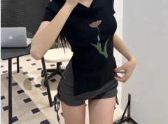 韓系不規則開叉顯瘦針織小衫女夏季新款小清新花朵百搭短袖