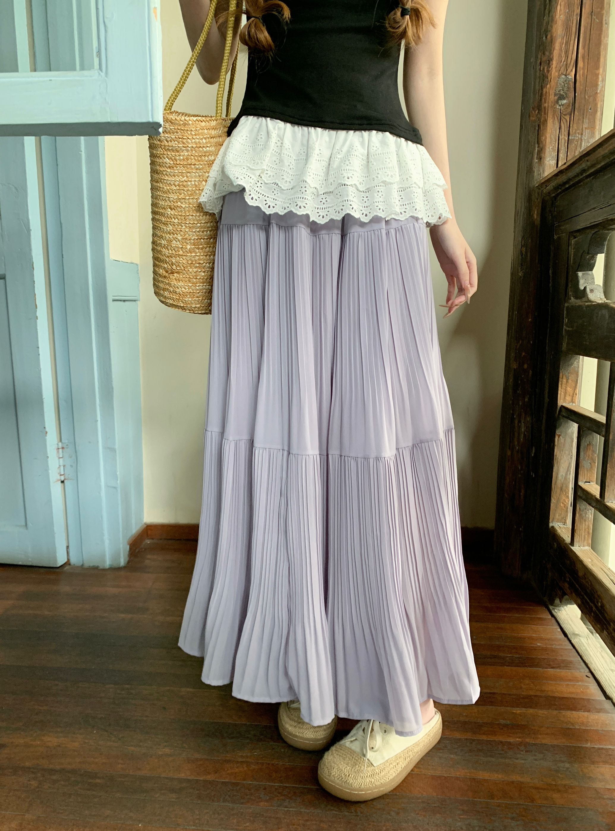 Real shot 2025 new rain fog wisteria pleated skirt loose big hem skirt A-line skirt