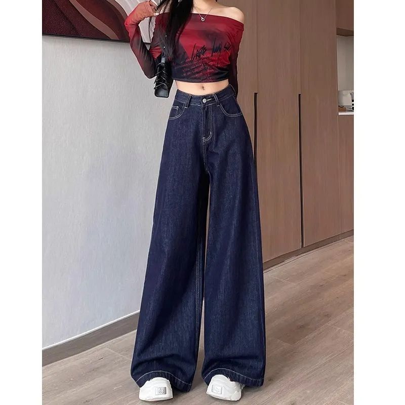 High-waist dark blue wide-leg jeans for women in spring and autumn new style slimming high waist loose versatile straight jeans