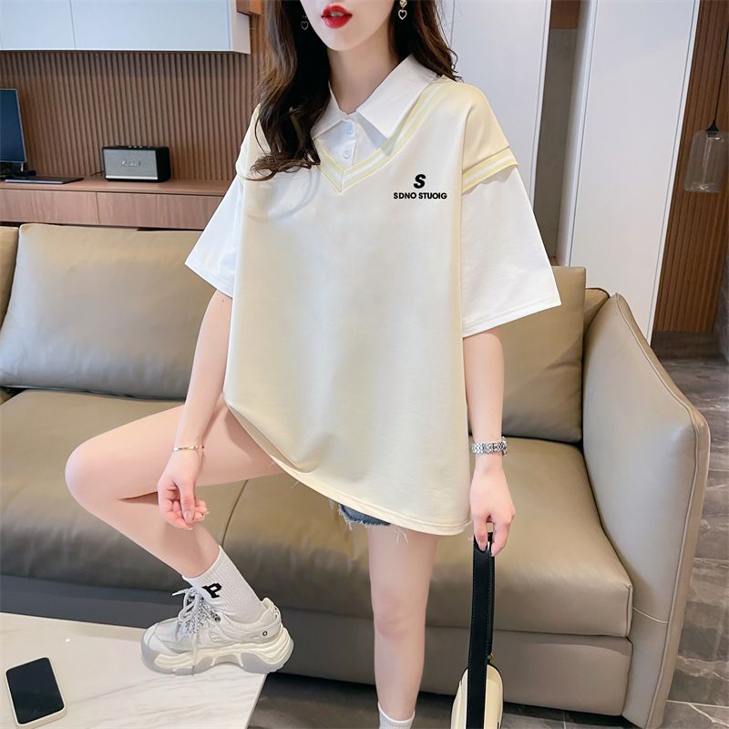 實拍 polo領假兩件T恤大碼女裝新款夏季洋氣減齡寬鬆短袖上衣潮