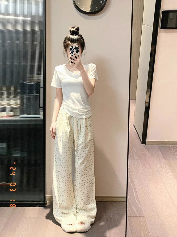 韓國chic立體腰頭碎花休閒闊腿褲女夏季薄款高腰寬鬆垂感慵懶衛褲
