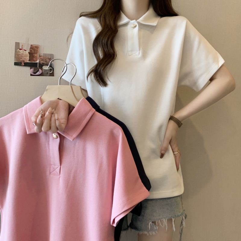 實拍  6535棉珠地 polo領短袖T恤女愛心紐扣