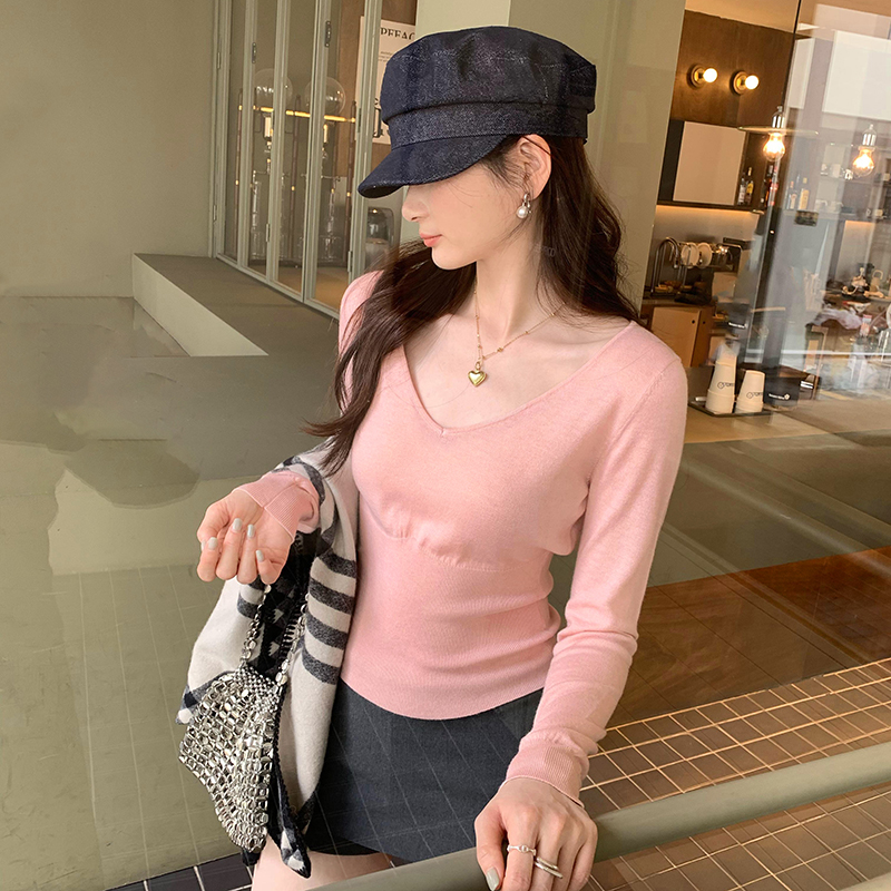 Real photo Korean style fashionable and versatile slim long-sleeved wool sweater women's design niche base top