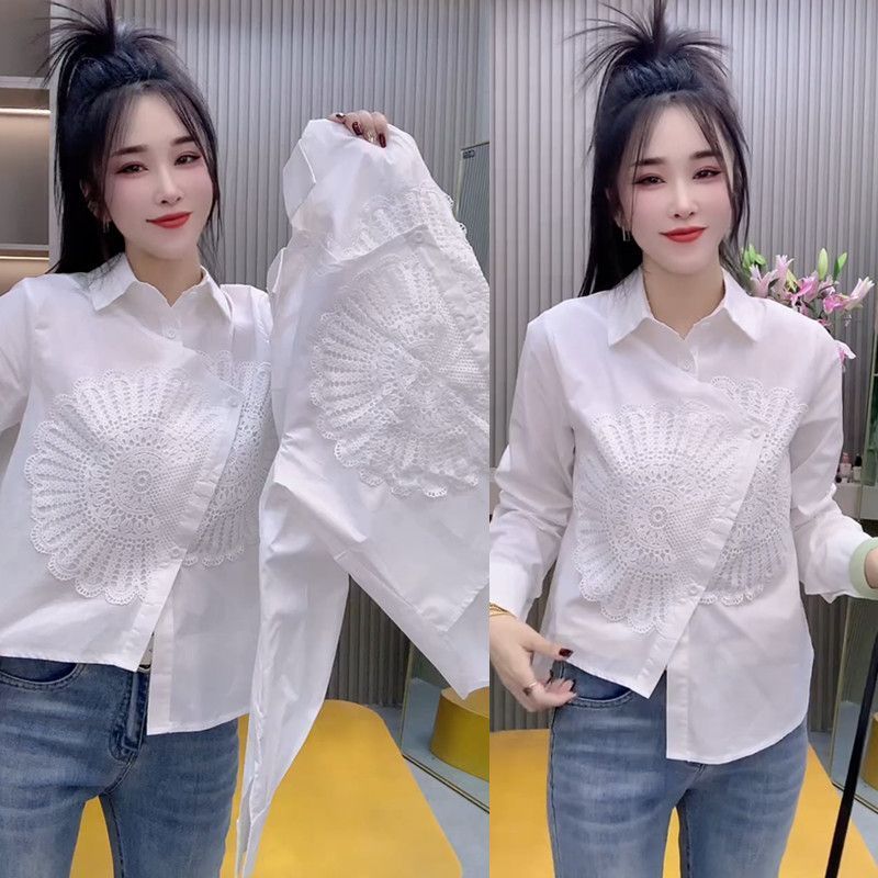 2025新款時尚減齡不規則重工刺繡拼接襯衫女時尚蕾絲拼接純色上衣