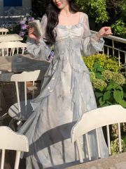 2025 early autumn beach tourism temperament gray blue smudge fairy butterfly hot gold lotus leaf long sleeve dress for women