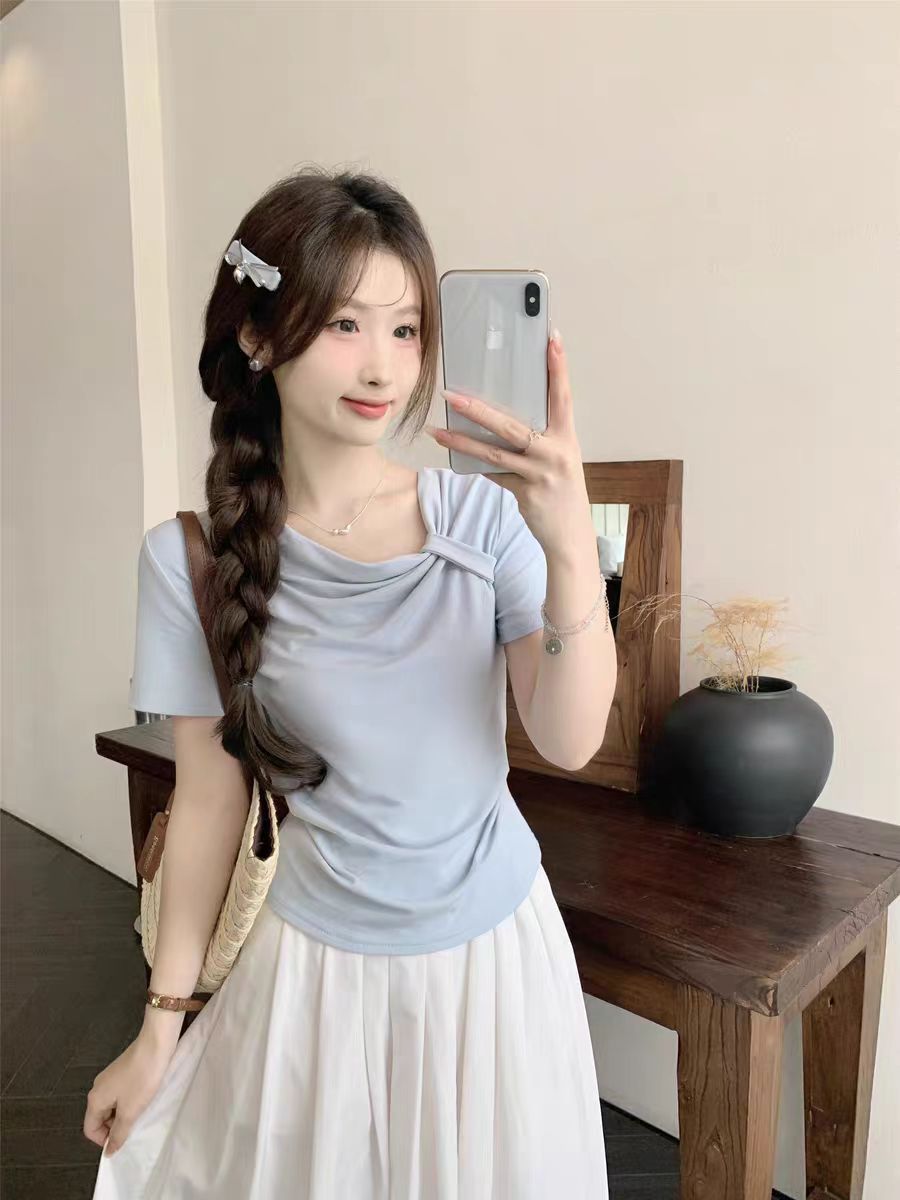 260克隨心裁夏季修身短款露肩t恤女款設計感小眾短袖別致體恤上衣