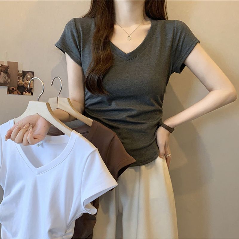 Real-life summer clothing new design niche slim fit pleated short v-neck short-sleeved T-shirt top for women