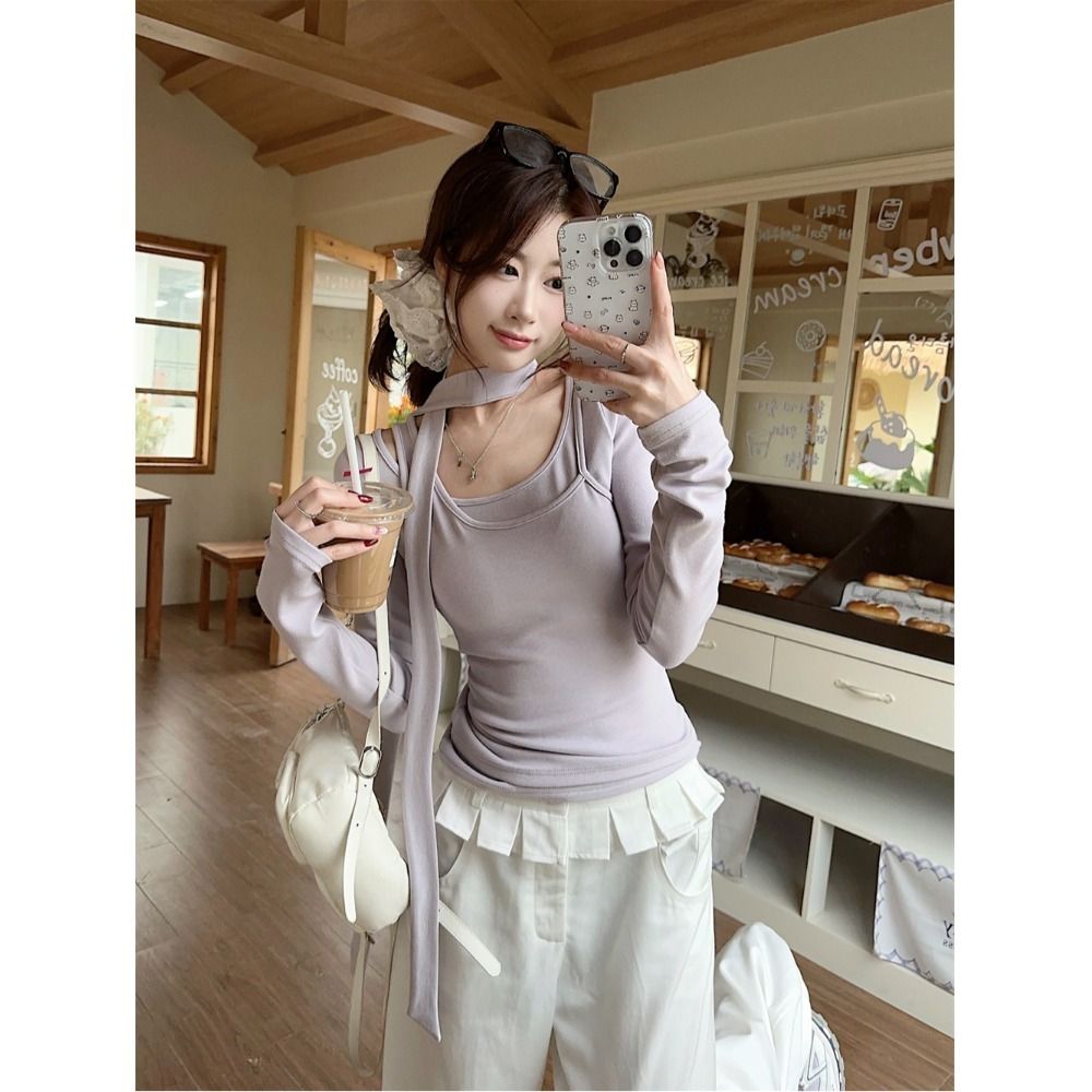 Modal cotton pure purple fake two-piece bow long-sleeved T-shirt for women in early spring beautiful base top