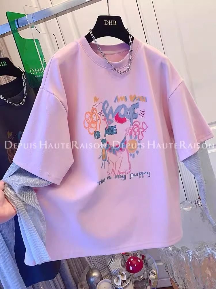 Original quality extra large size 300 catties fake two-piece spliced ​​mesh T-shirt for women 2025 spring and summer new long-sleeved top trendy