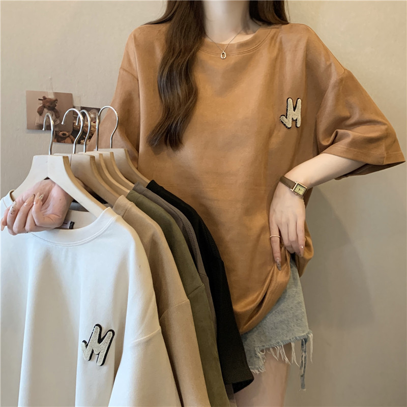 Real shot of deer leather short-sleeved T-shirt for women in summer loose Korean style student half-sleeved bottoming shirt top fashion ins