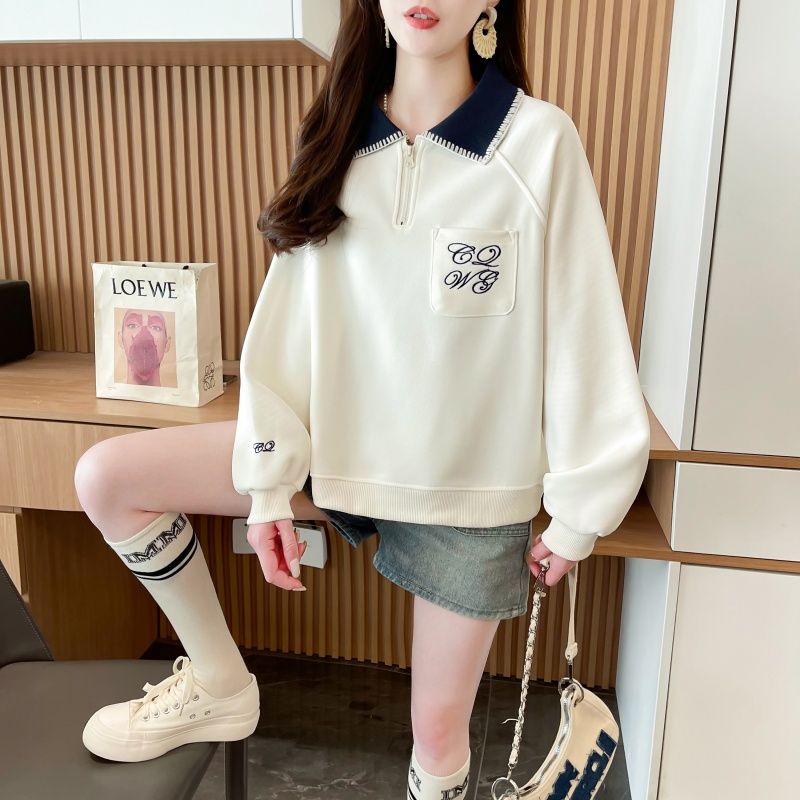 實拍 仿棉華棉複合 春秋衛衣女休閒新款POLO設計感小個子寬鬆上衣