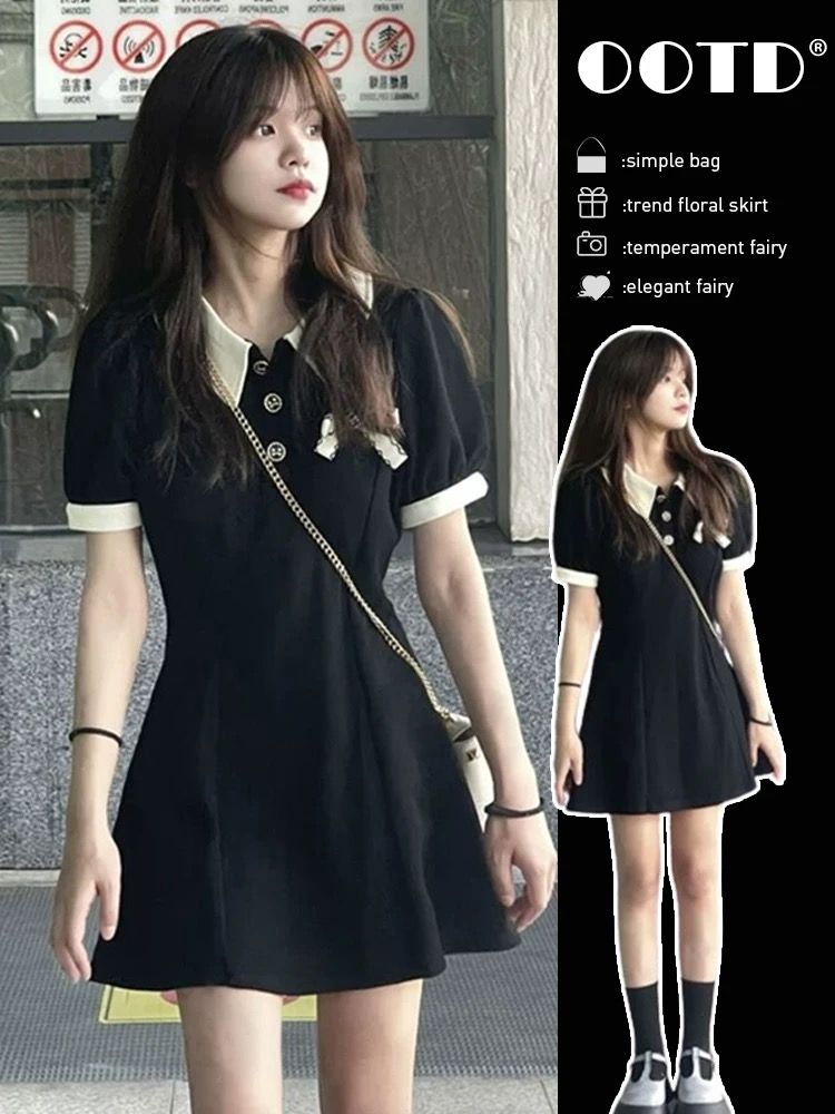 Coffee break French first love small Hepburn style waist-hugging black polo dress women's clothing summer 2025 new style
