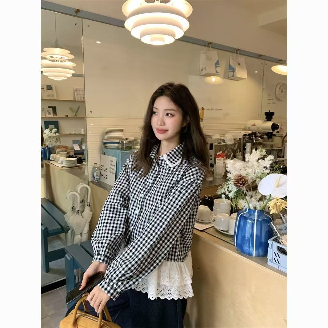 Lace spliced ​​plaid shirt 2025 New Year new style loose long-sleeved top doll slimming and fashionable *** shirt