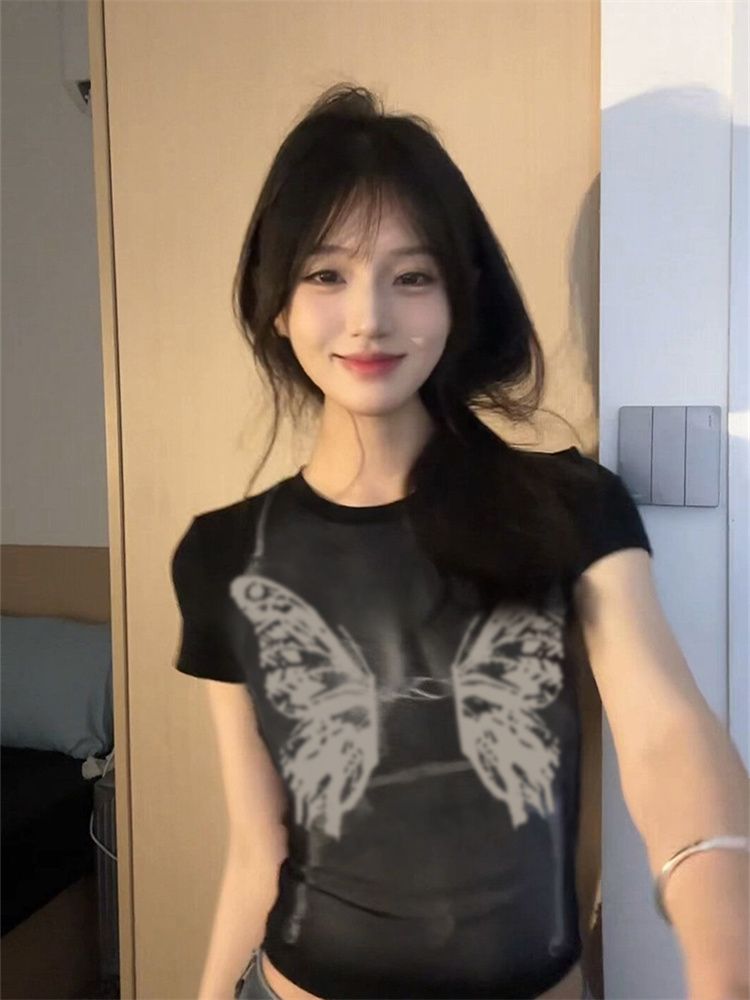 40支純棉美式復古辣妹黑色顯瘦短袖t恤女夏性感修身百搭短款上衣