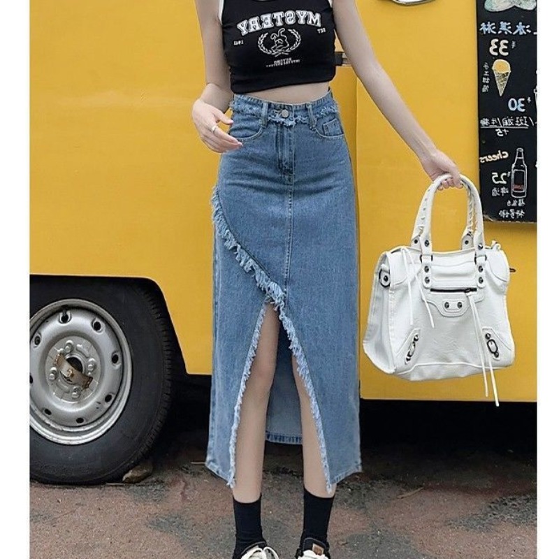 versatile slit denim skirt for women new spring and summer Korean high-waisted slim mid-length A-line hip denim skirt